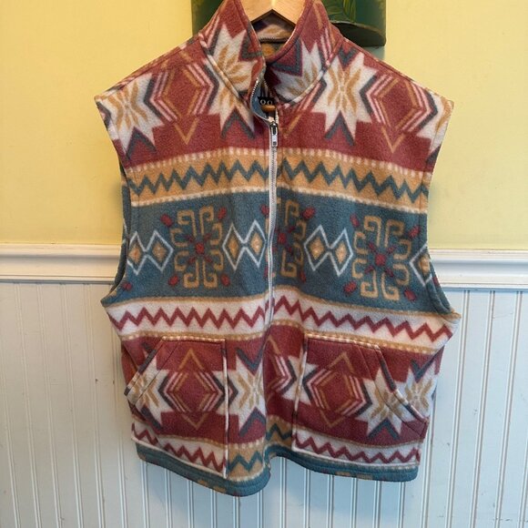Vintage NY 10018 Fleece Vest Tribal Print Full Zip Sleeveless Jacket - Picture 1 of 7